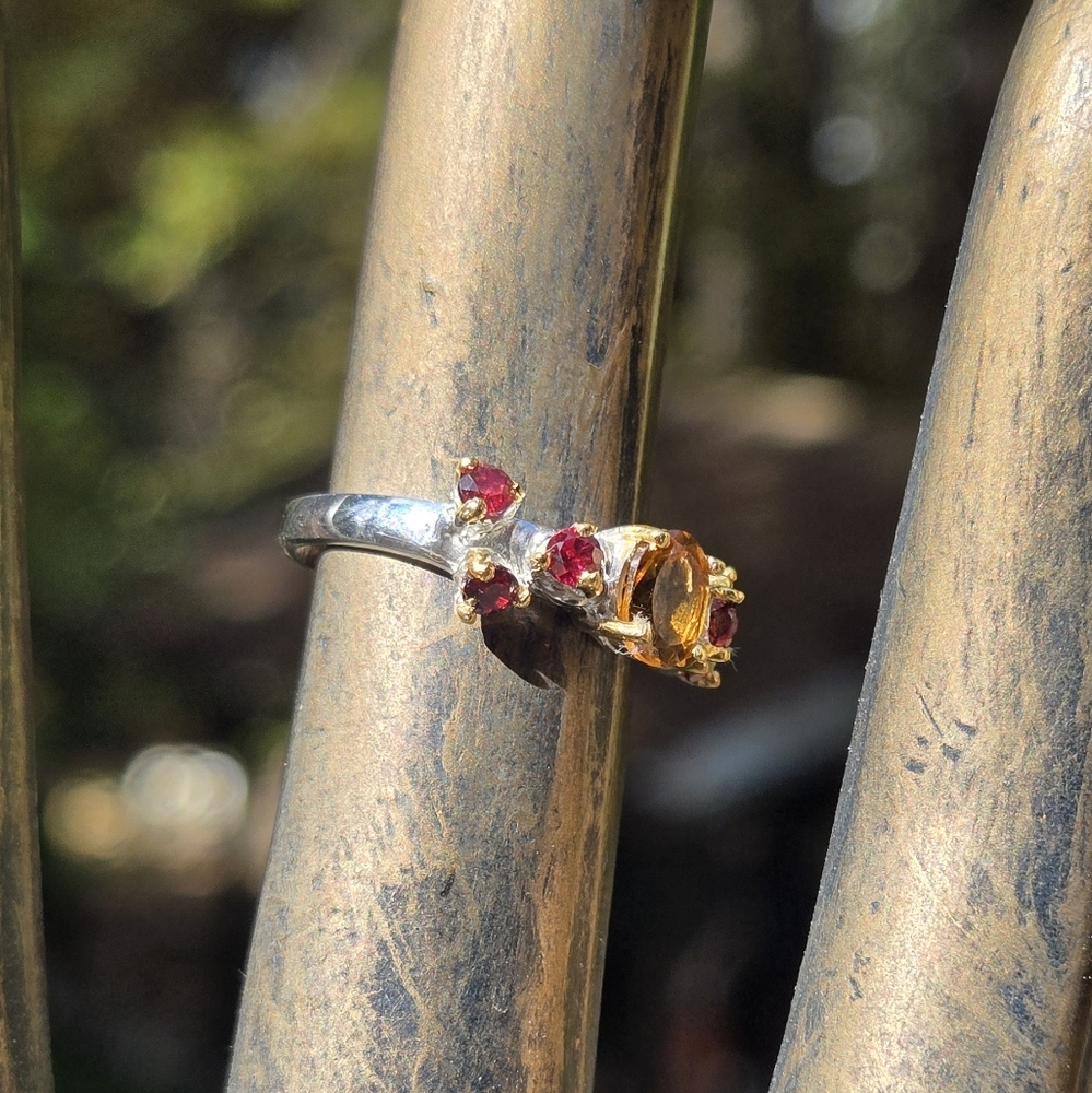 Citrine & Rhodolite Natural Gemstone Sterling & Gold Ring Sz6 - Picture 6 of 8